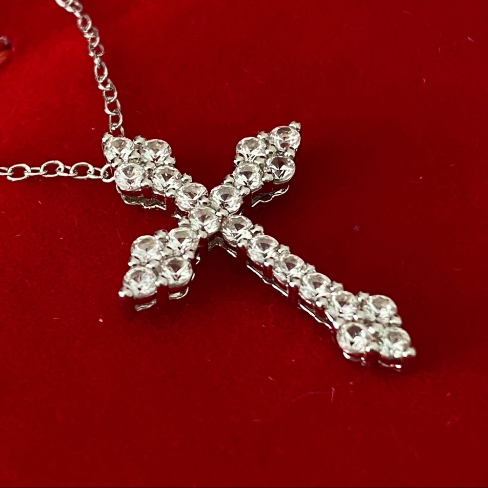14k white gold  over 925 white lab sapphires Cross necklace - Picture 6 of 16